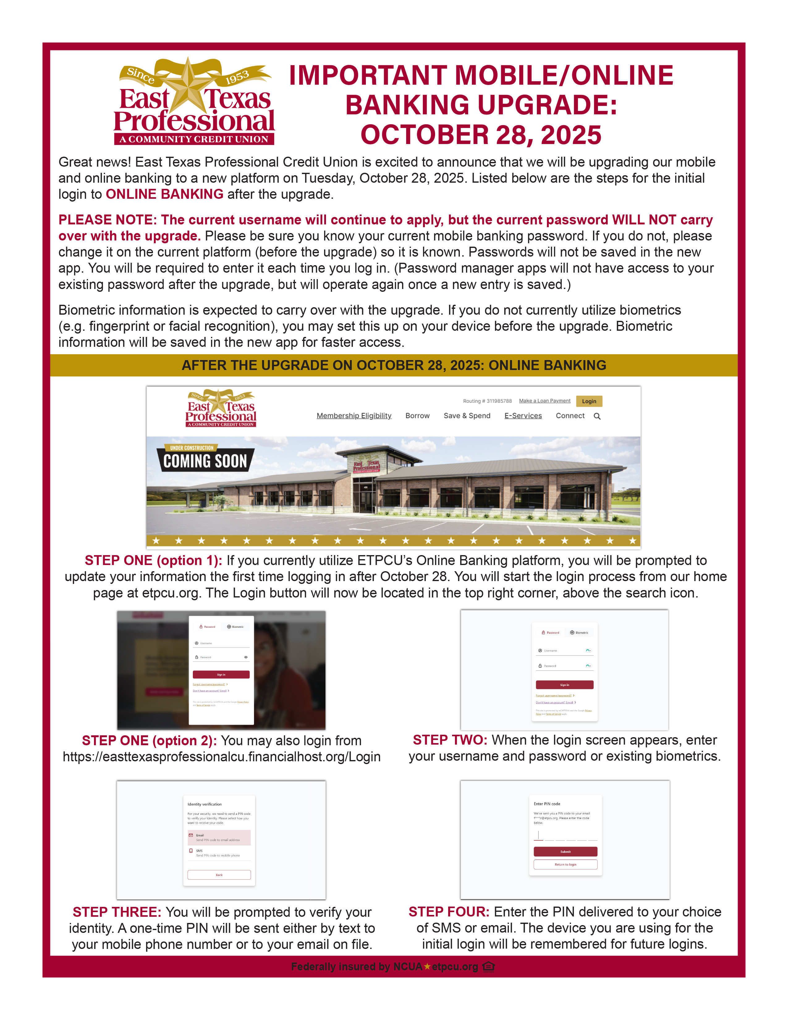 Online banking initial login flyer