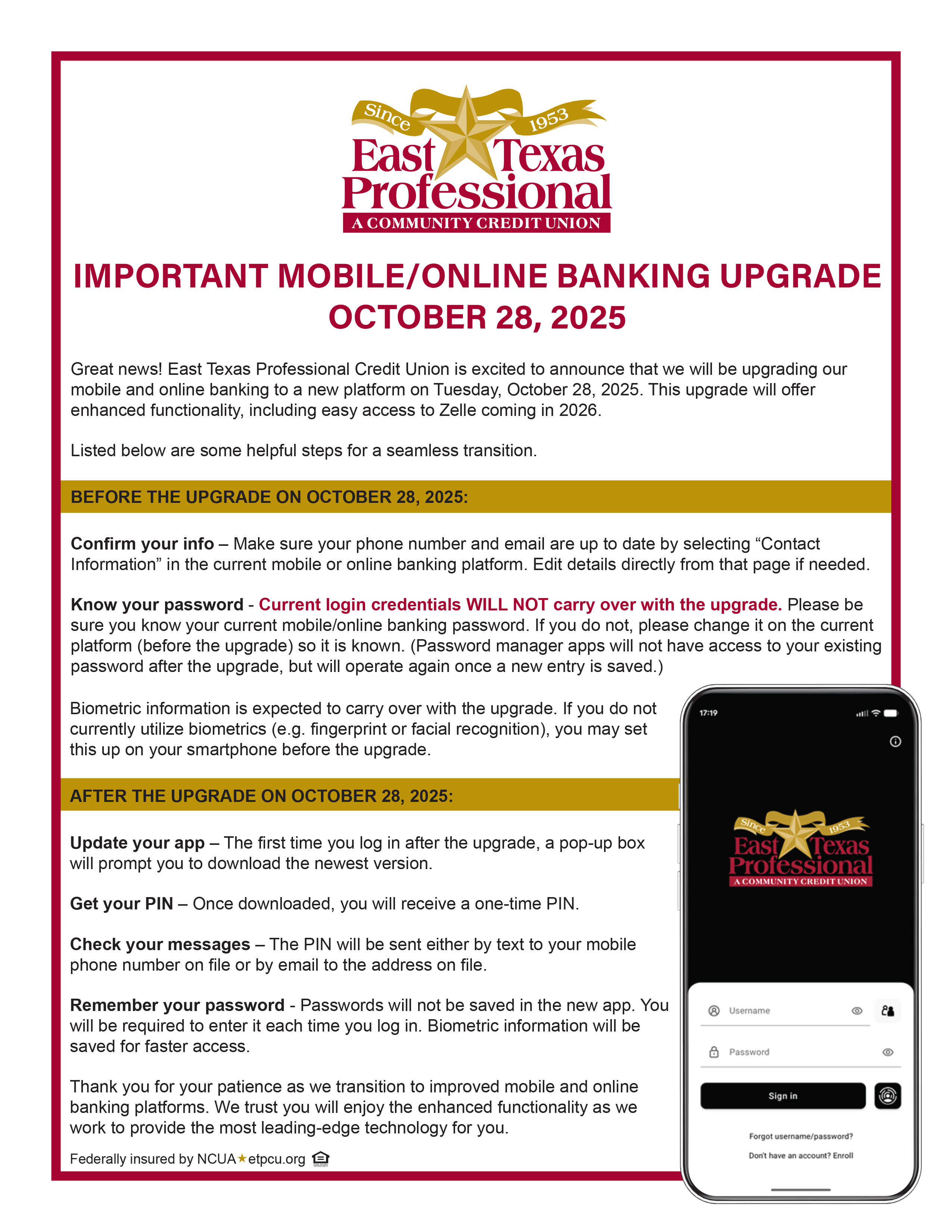 Mobile/online banking upgrade flyer